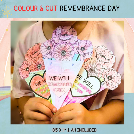 Remembrance Day Craft: Poppy Bouquet Colouring & Cut-Out Activity for Kids Printable