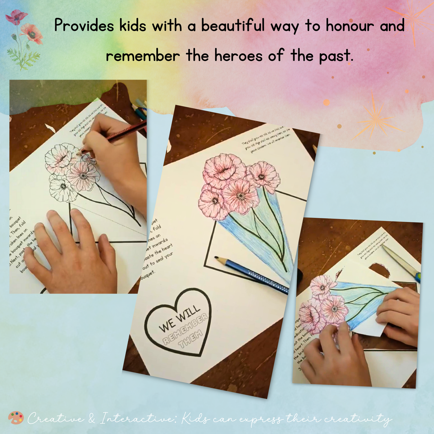 Remembrance Day Craft: Poppy Bouquet Colouring & Cut-Out Activity for Kids Printable