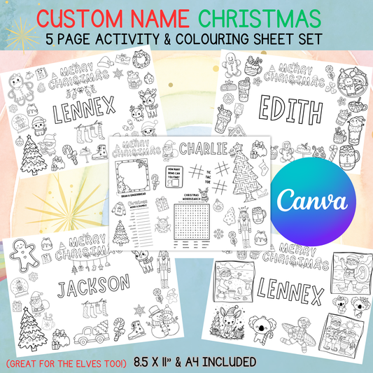 Custom Christmas Coloring & Activity Sheet Set – Placemats Personalized with Your Name